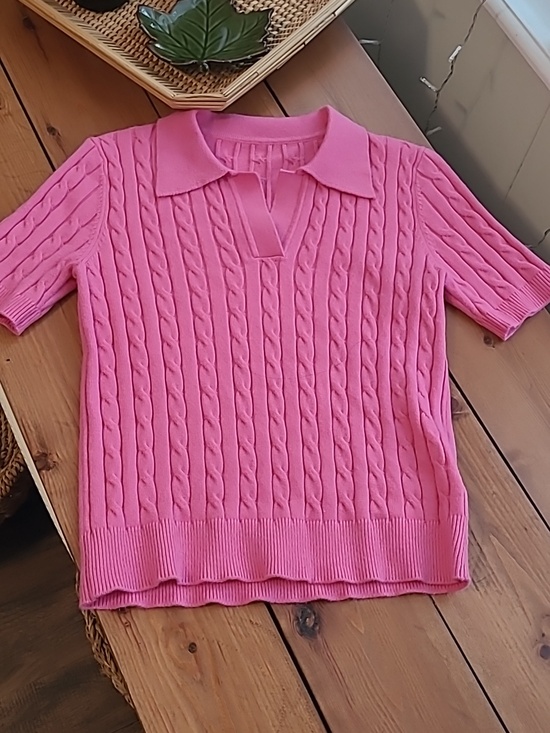 Sweaters - Pink Short Sleeve Cable Knit Sweater